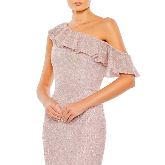 MAC DUGGAL 5611 Sequined Drop One Shoulder Ruffle Trumpet Gown Mocha 2 NEW - Picture 3 of 10